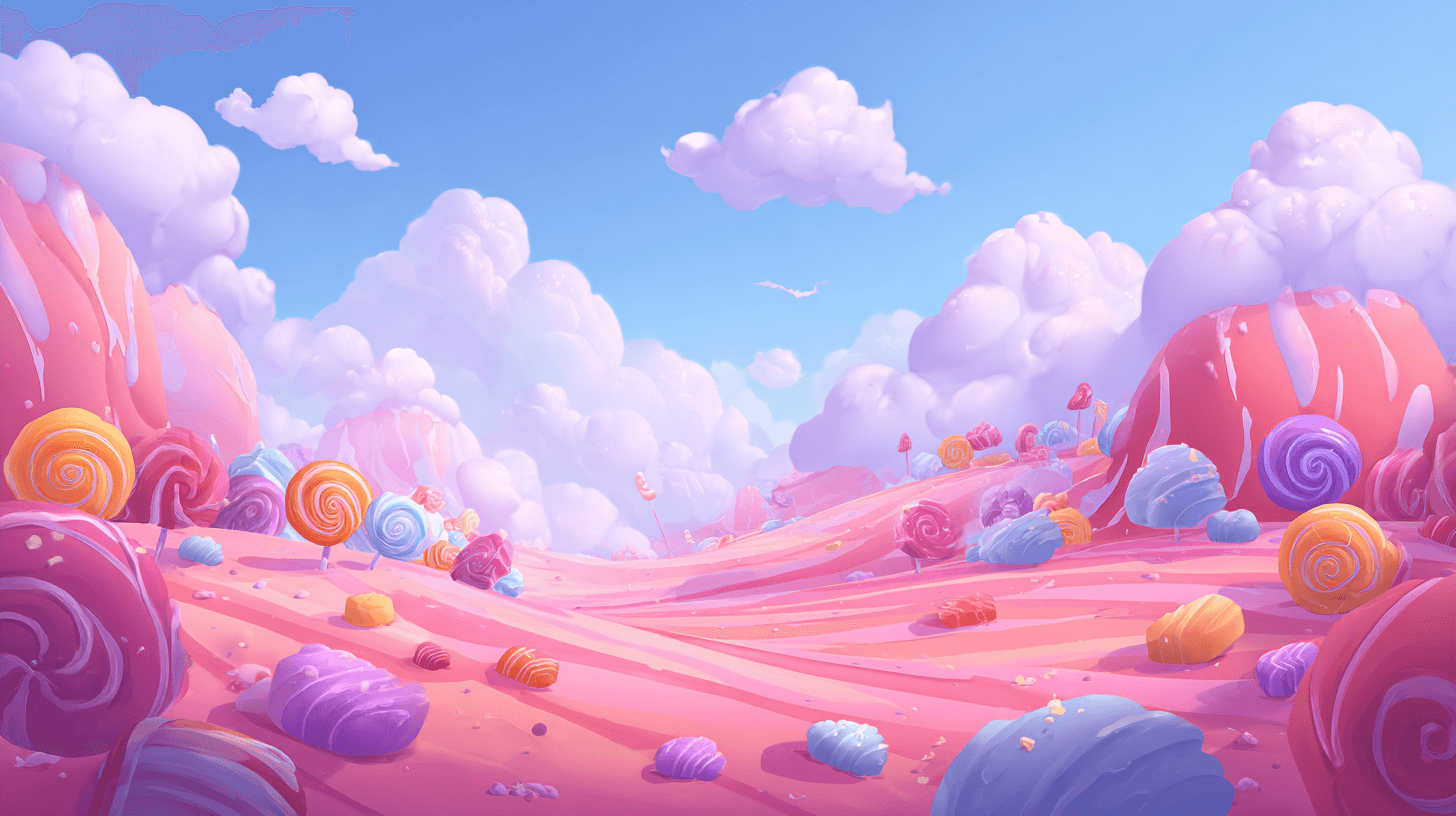 a cartoon image of a planet landscape that is made out of cotton candy and candy and is very colorful