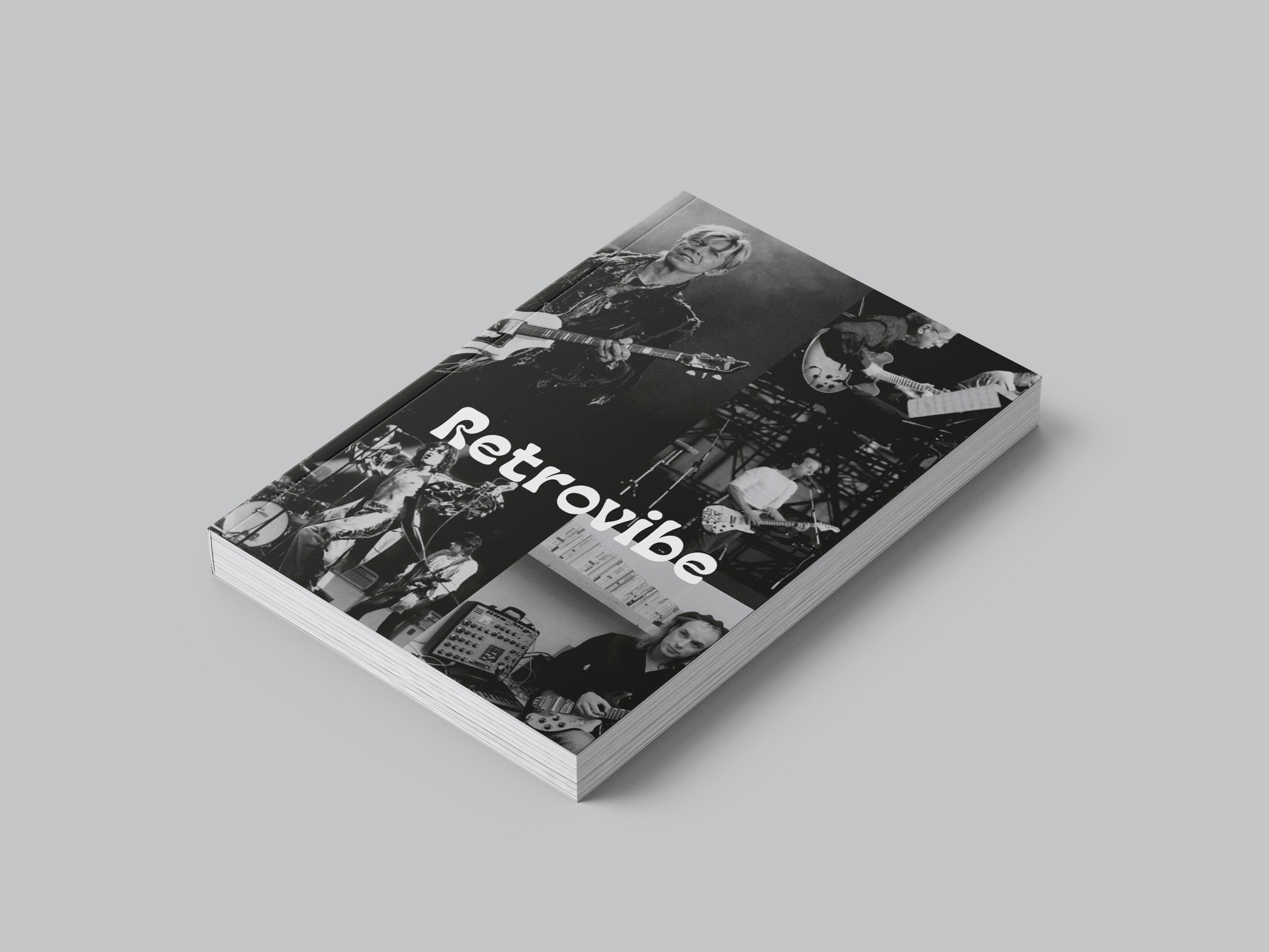 Retrovibe magazine cover mockup with a black-and-white band photography collage
