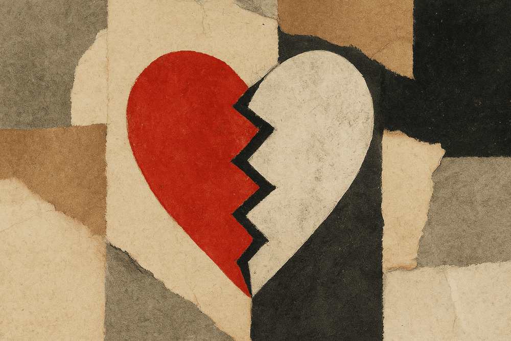 A paper collage of a broken heart, one side red and one white, against a background of layered tan, gray, and black shapes.