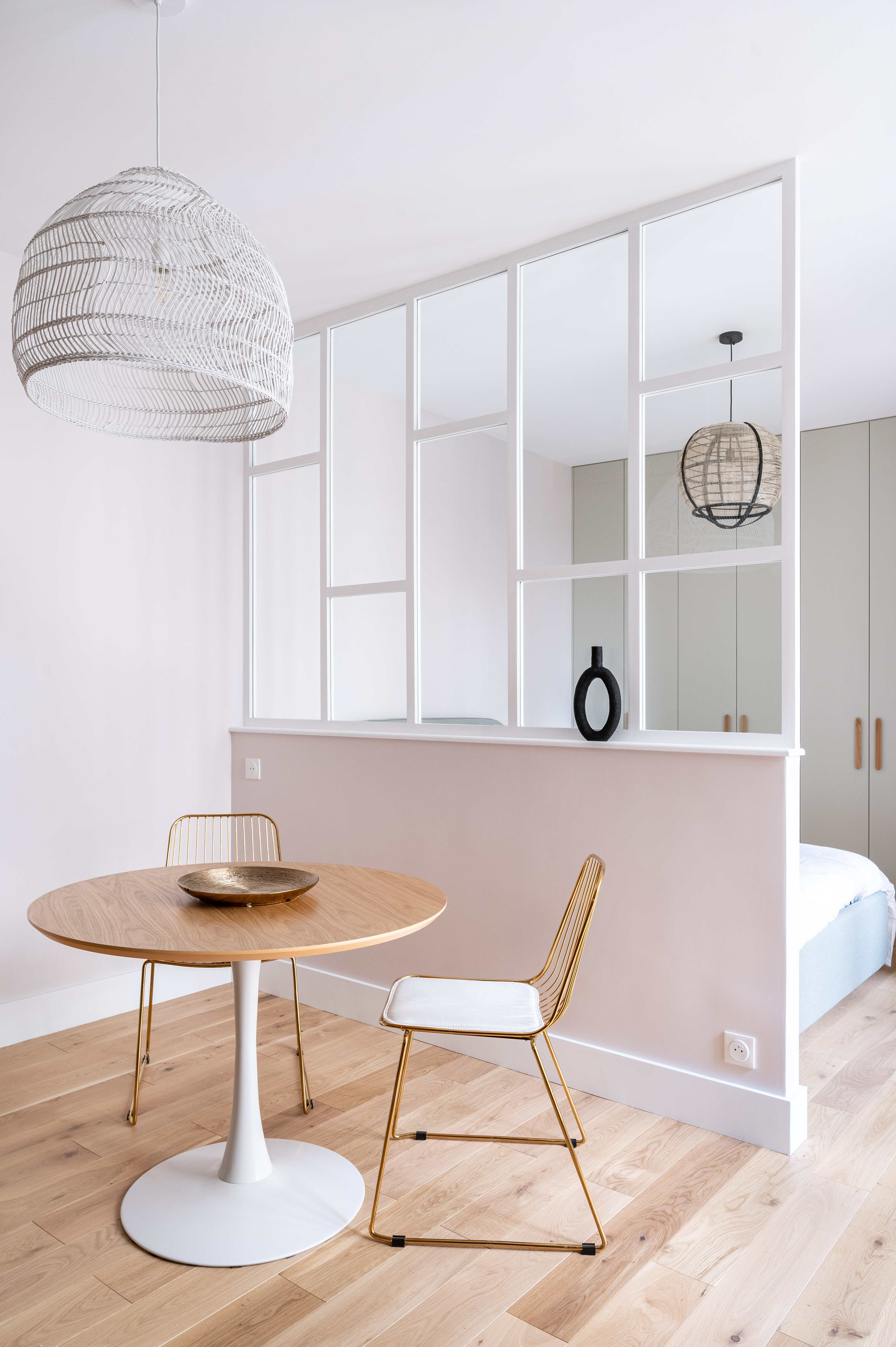 Yellow and green theme office room with plants and window