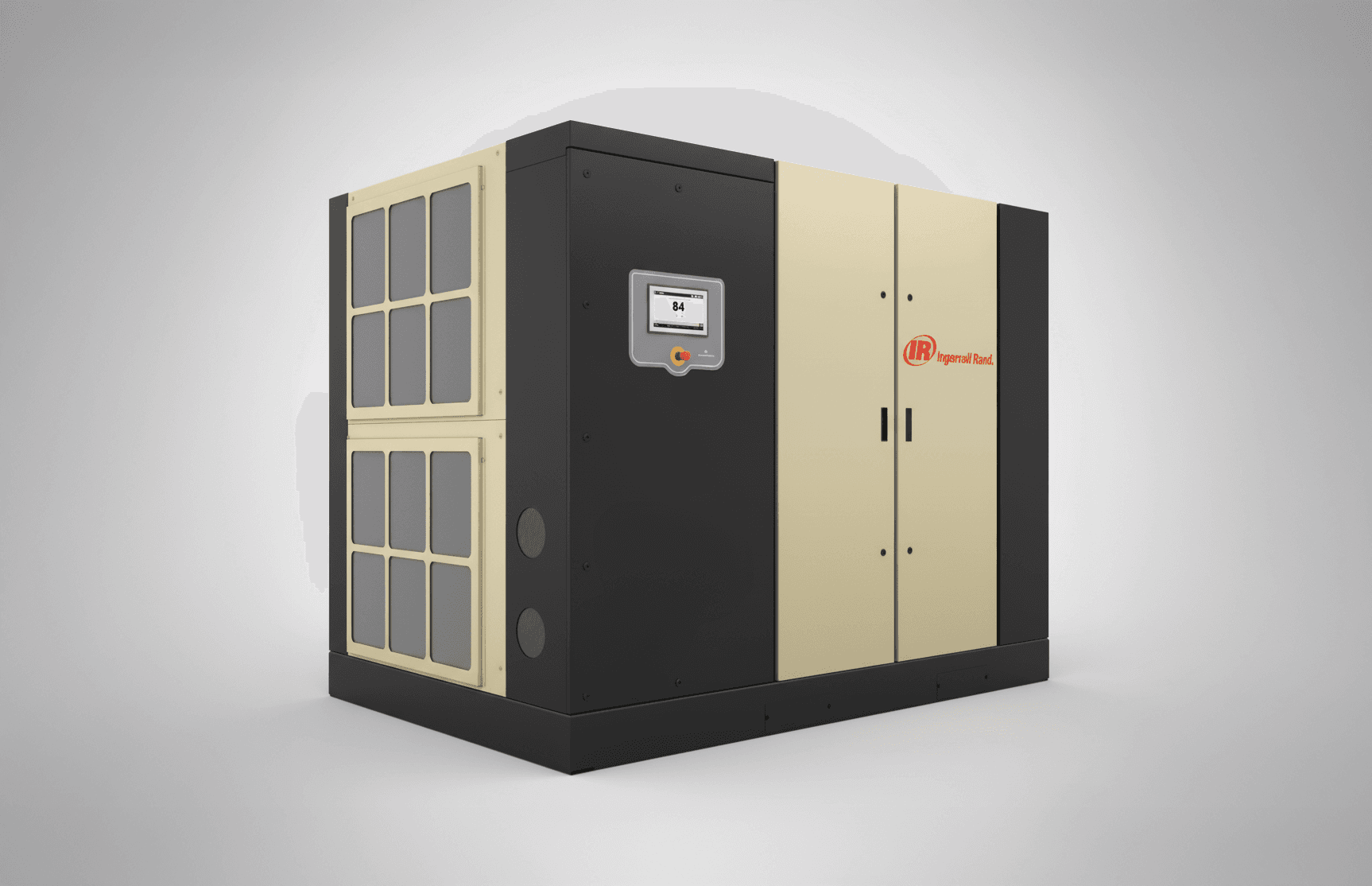 Man with a duffel bag smiling outside a modern office building beside a black van.