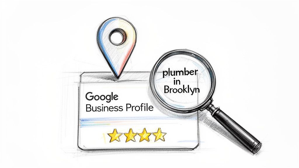 Sketch of a Google Business Profile for a plumber in Brooklyn with a magnifying glass and 4-star rating.