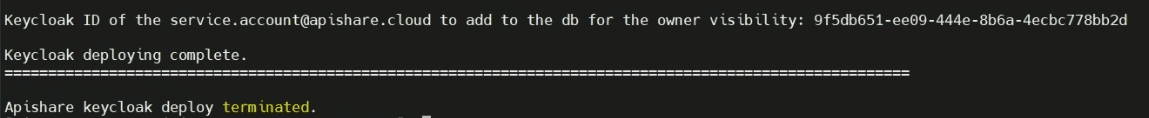 Terminal printing the Keycloak id of the technical service account