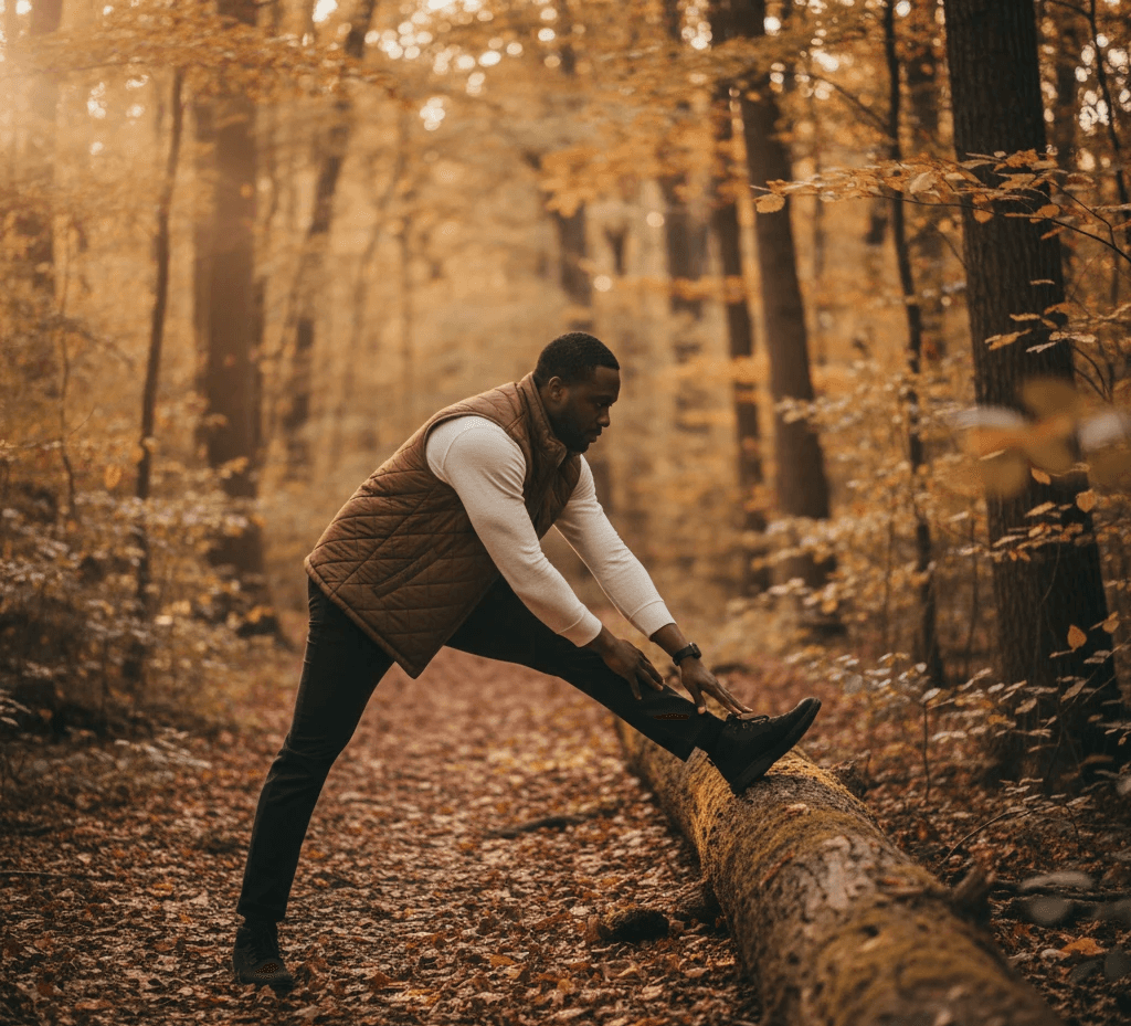 Man in a quilted vest gently stretching beside a fallen log in an autumn forest. Leaves on the ground, soft sunlight through trees. Represents mindful movement and graded exposure for chronic pain in Oak Park.