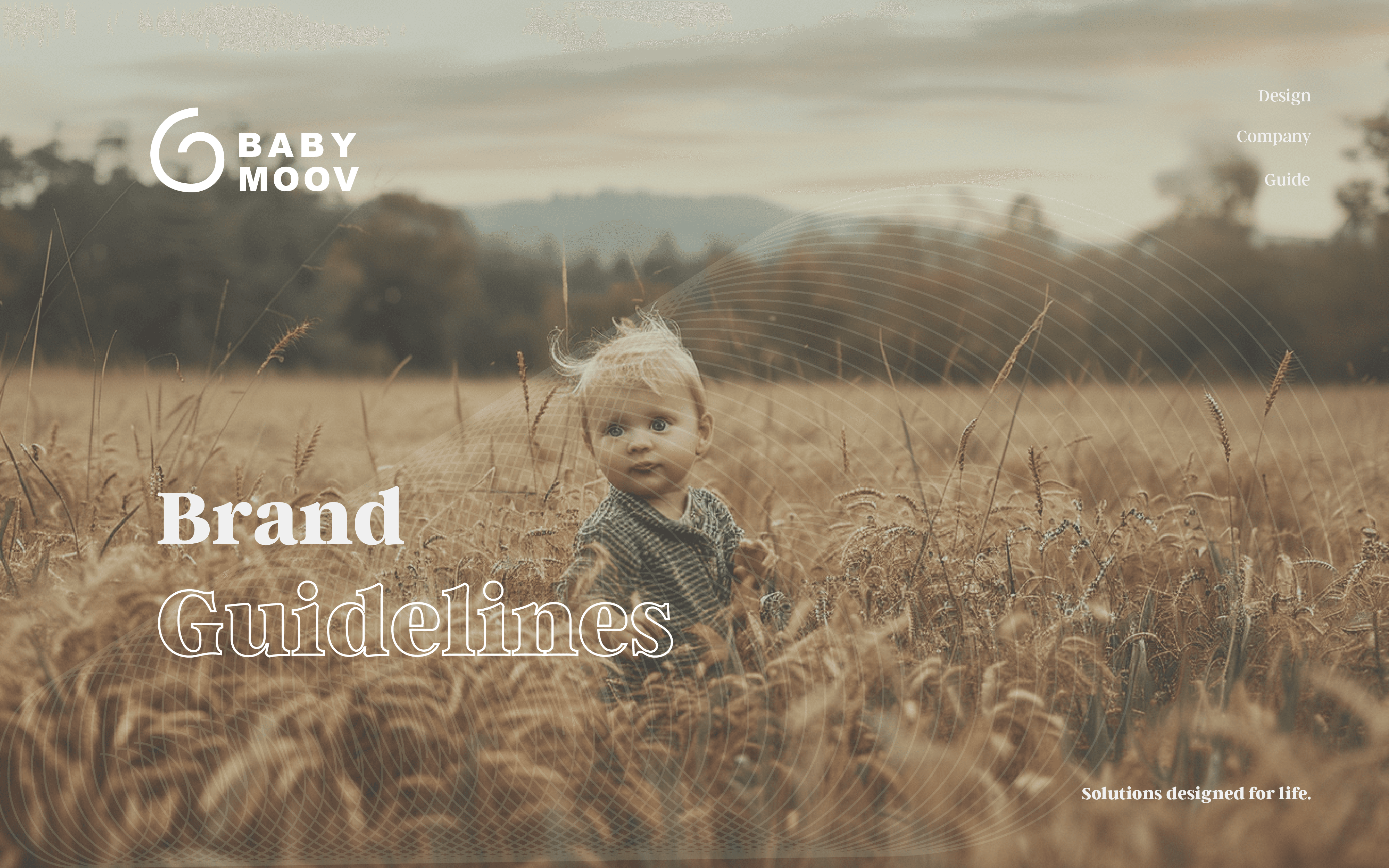 Babymoov brand guidelines introduction featuring a child in a serene outdoor scene