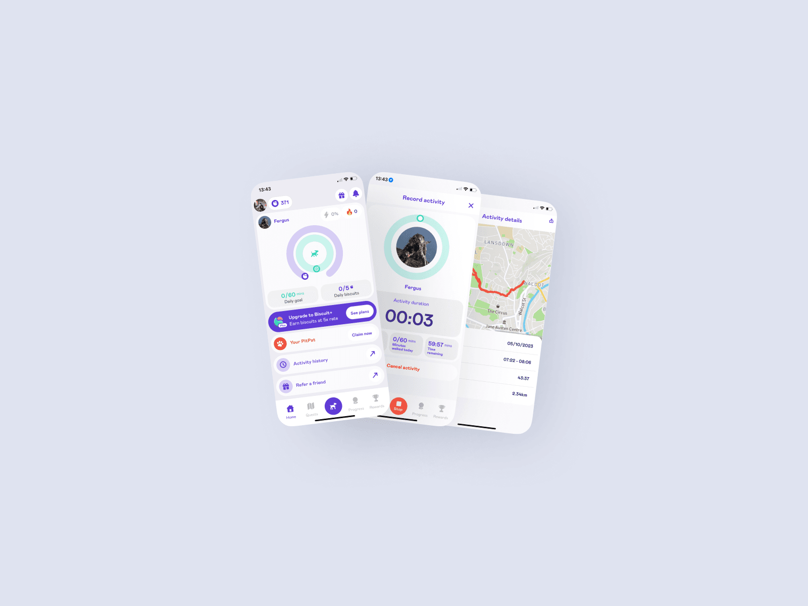 Three screenshots from the biscuit app. One shows the dashboard that shows overall progress, the second is a running live activity where someone is tracing their dog walk and the third is of someone's activity record where they can see their route