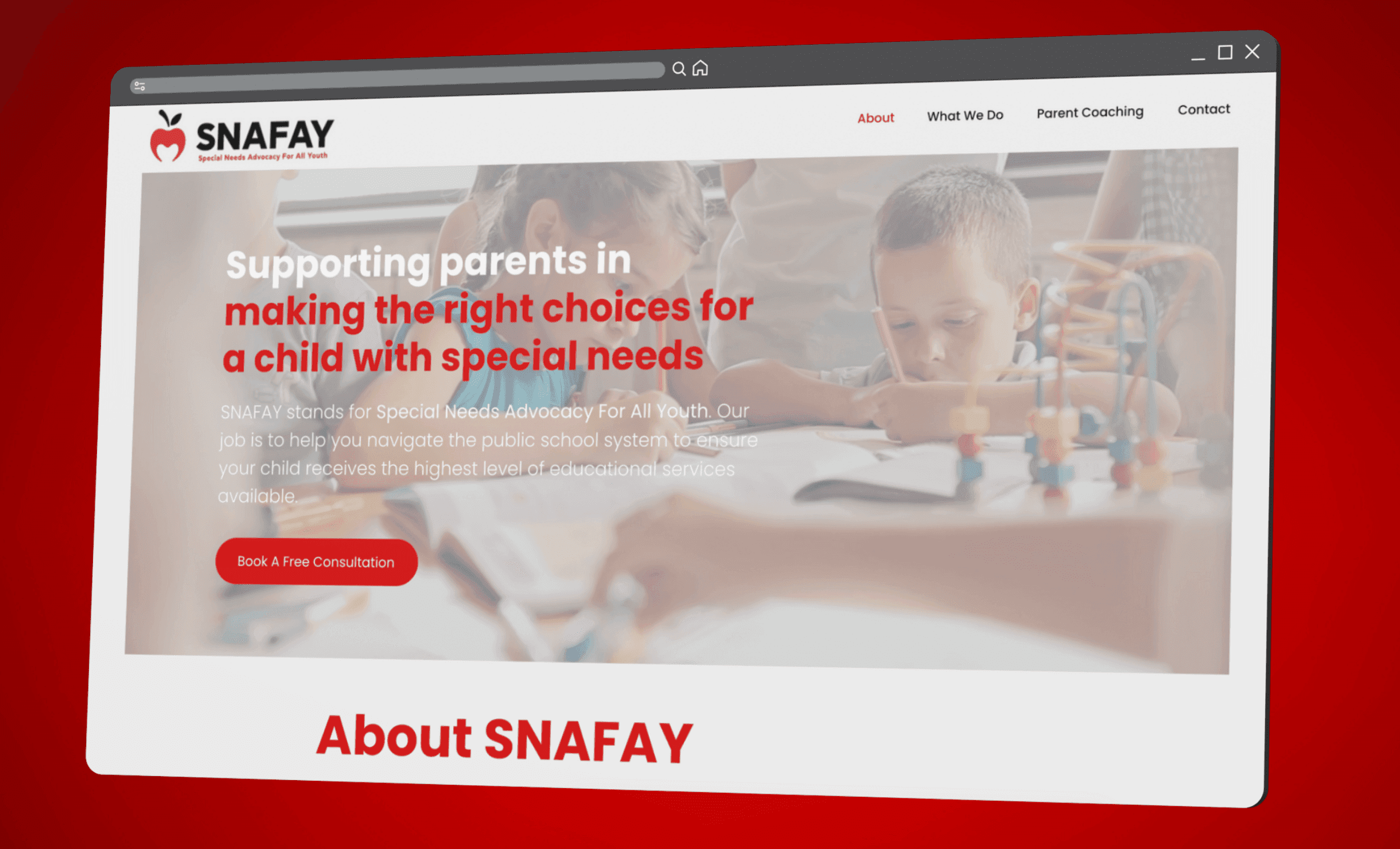 Educational advocacy website design for SNAFAY by RJP.design — expert NYC web design agency specializing in website design and digital marketing for education and parent coaching organizations.