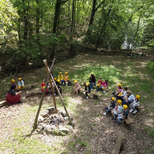 孩子们坐在森林空地的长椅上,专注地听着两位大人在临时篝火旁的讲述。