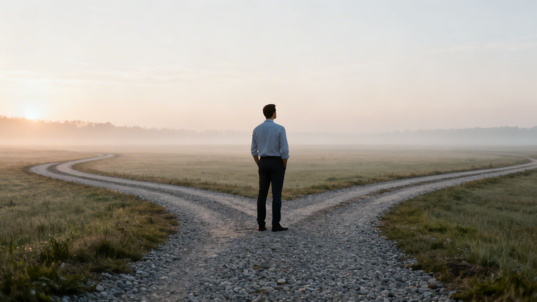 En man står vid ett vägskäl på en grusväg i ett dimmigt landskap vid soluppgången, ser ut över fältet.