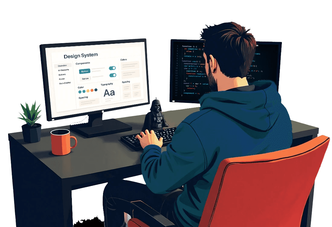 UX/UI Designer Arne Schüler arbeitet an seinem Schreibtisch an einem Designprojekt auf zwei Monitoren.