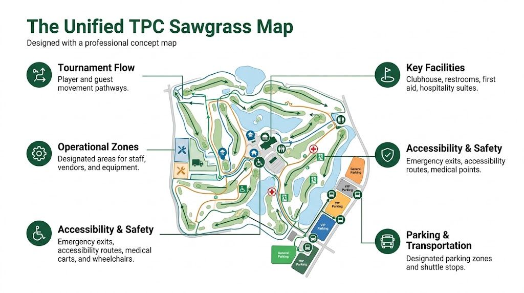 A detailed layout map of TPC Sawgrass highlighting tournament flow, key facilities, operational zones, and transportation parking.