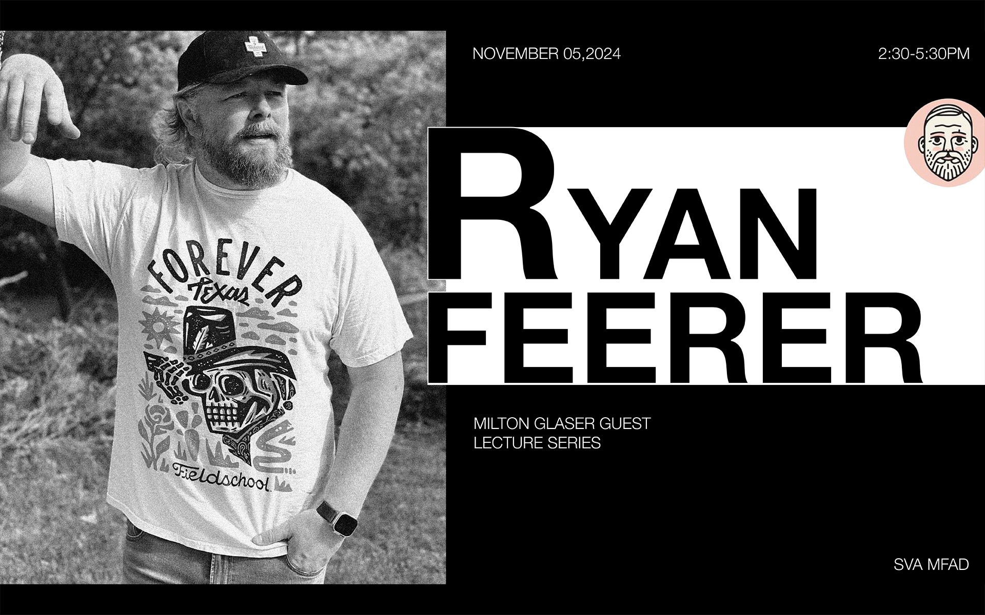 poster for guest lecture Ryan Feerer, portrait of him in the woods