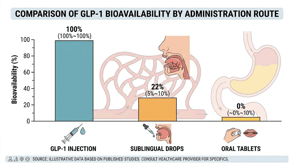 GLP-1 bioavailability comparison between injection sublingual drops and oral tablets