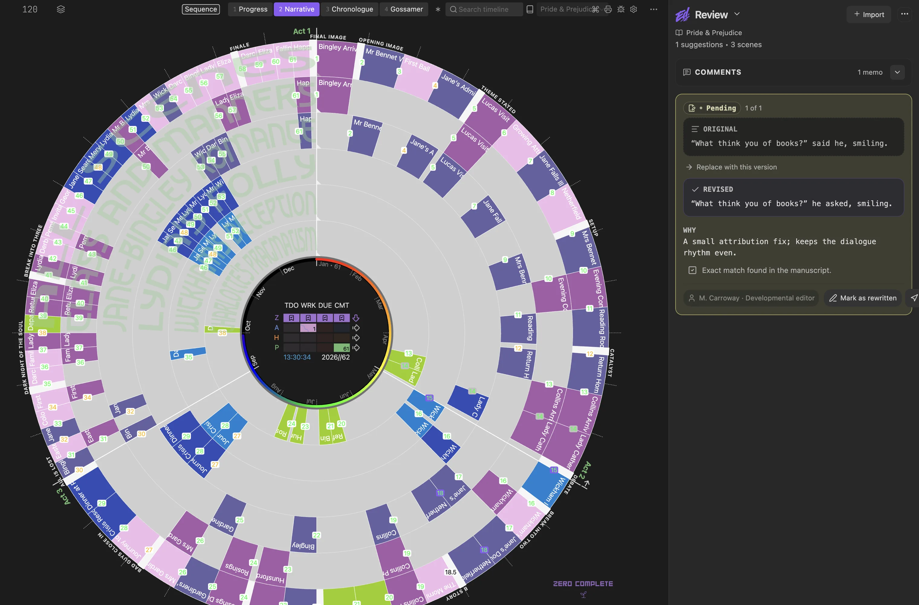 Radial Timeline and Editorialist side by side in Obsidian, reviewing a Pride & Prejudice scene