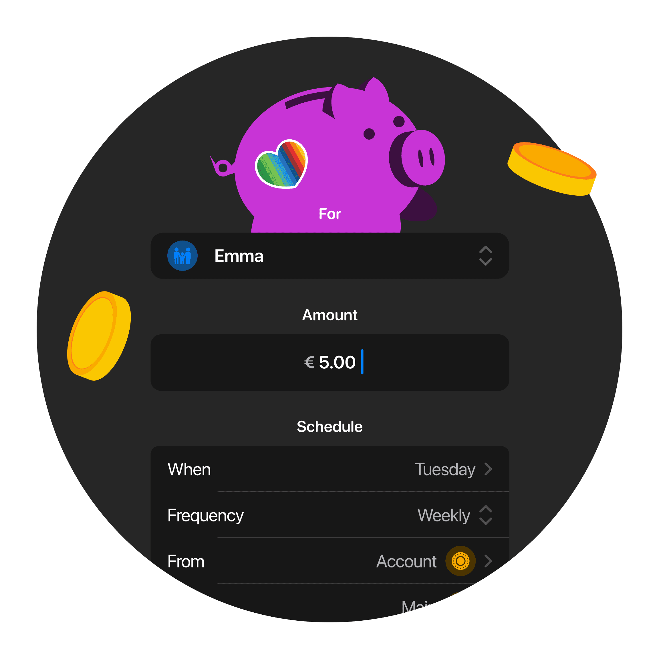 A digital interface featuring a purple piggy bank surrounded by coins, displaying options for money management.