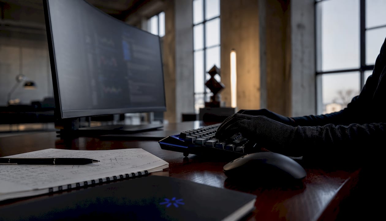 Over-shoulder view typing on keyboard with code notes