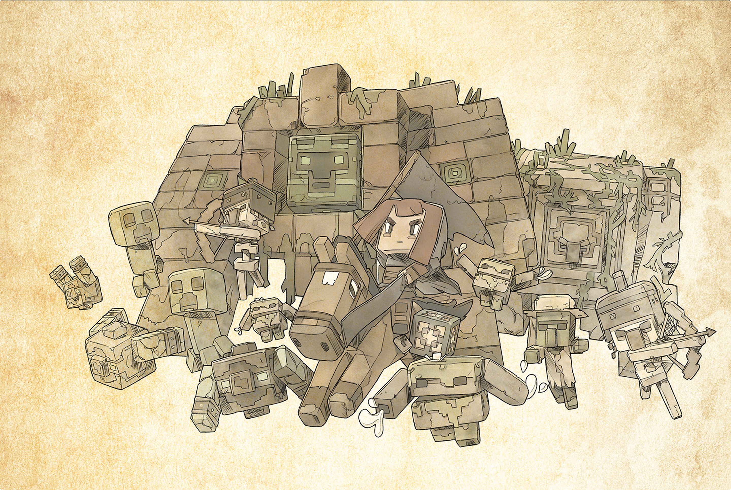 Sepia toned illustration of Minecraft Legends characters