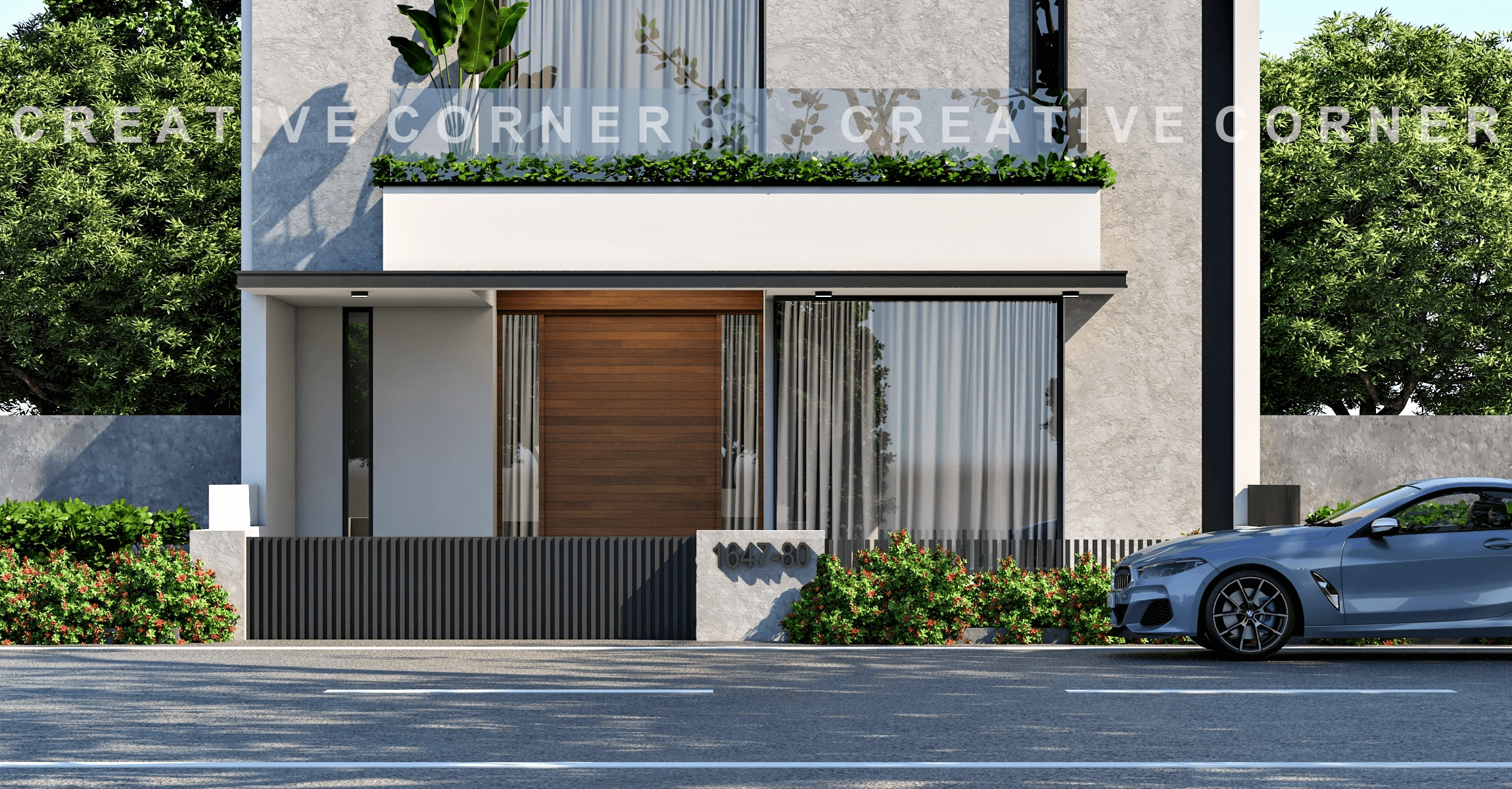 Minimalist living space featuring oak flooring, timber wall panels and panoramic windows with natural light.