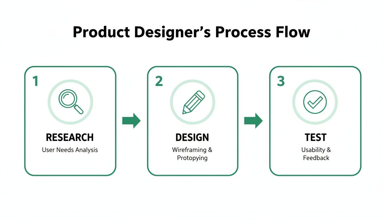 Infographic showing a product designer's 3-step process: research, design, and test with sub-steps.