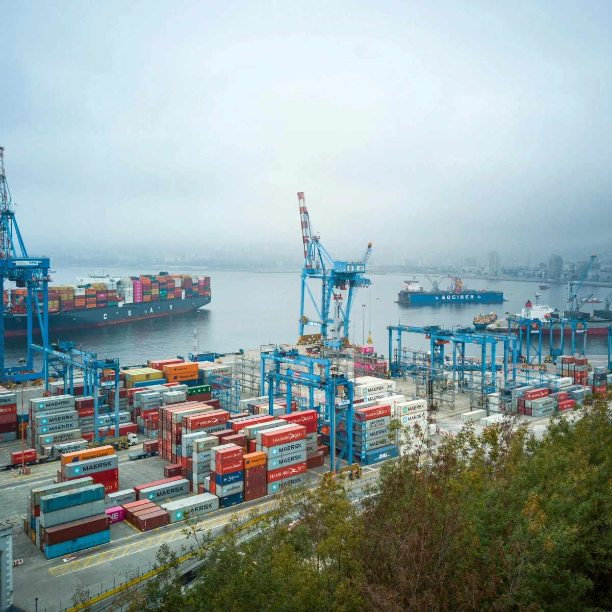 Container cranes and ships at a busy cargo port.