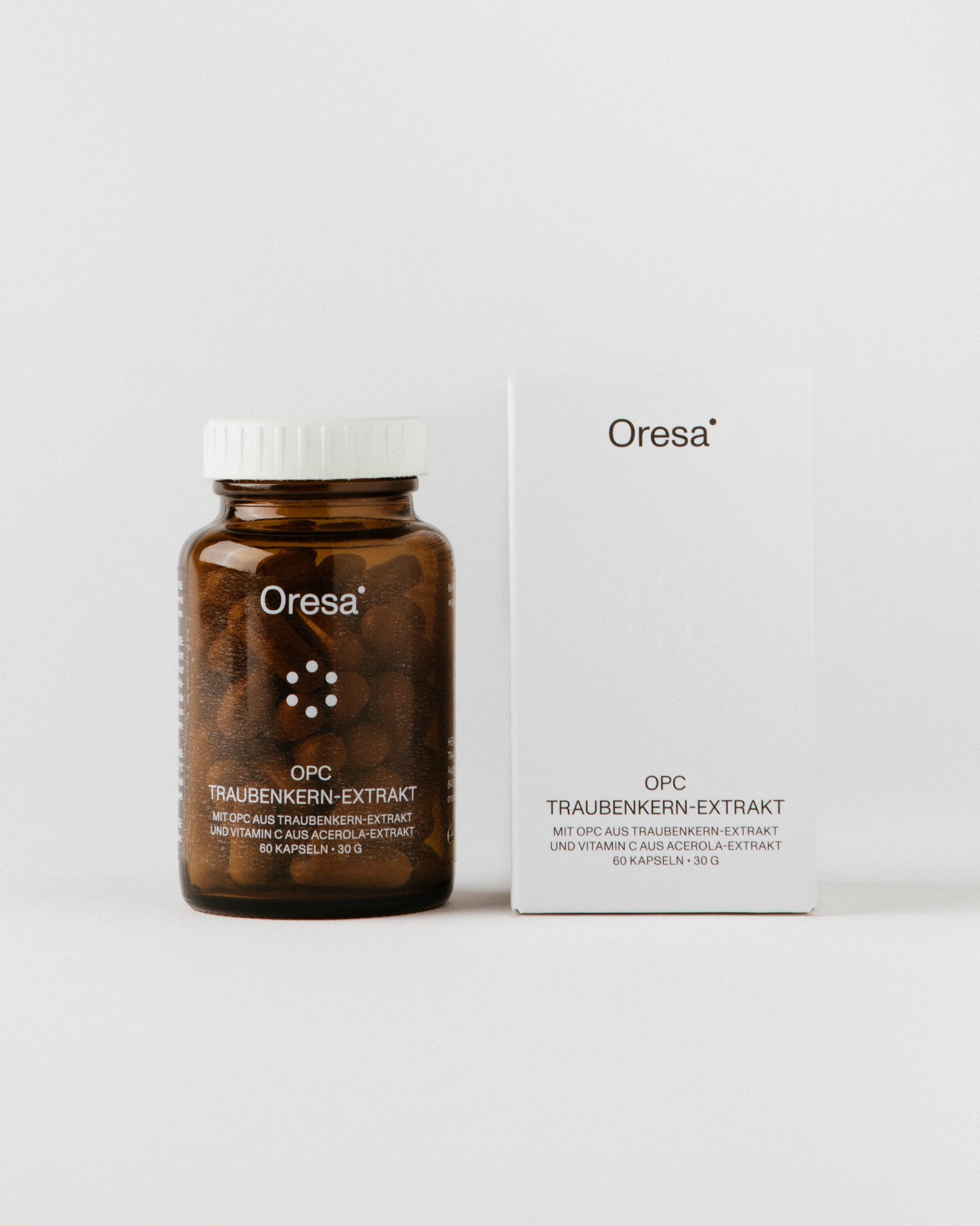 OPC Traubenkern-Extrakt von Oresa – Glasdose mit Kapseln und Verpackung