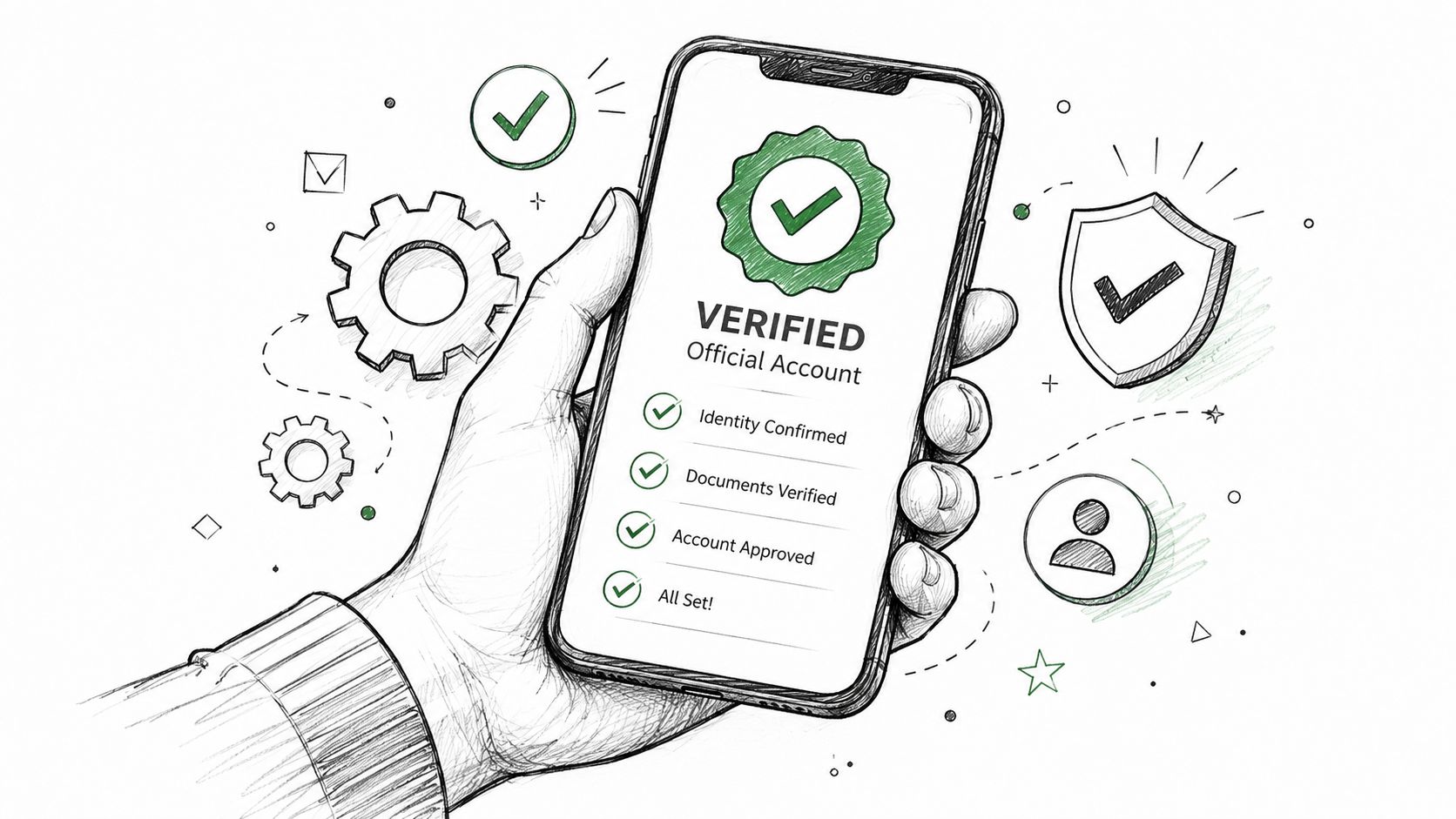 Een hand die een smartphone vasthoudt met een geverifieerd account en succesvolle verificatiepictogrammen op het scherm.