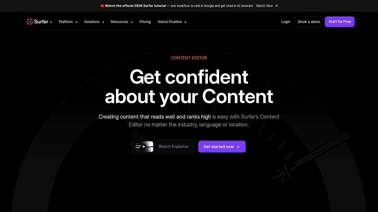 Surfer SEO's Content Editor product page with the headline 'Get confident about your Content'