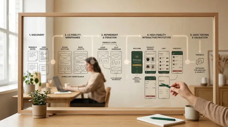 Diagrama del flujo de diseño que muestra la transición de wireframes de baja fidelidad a un prototipo de alta fidelidad optimizado para pruebas de usuario en un entorno cálido y organizado.