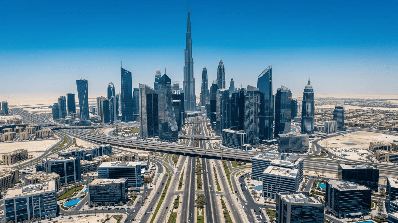 The image showcases a stunning modern cityscape of Dubai, featuring sleek glass towers against a clear blue sky, viewed from a high vantage point. This vibrant urban landscape reflects the innovative spirit of leading web design agencies in Dubai, emphasizing a blend of architectural beauty and digital transformation.