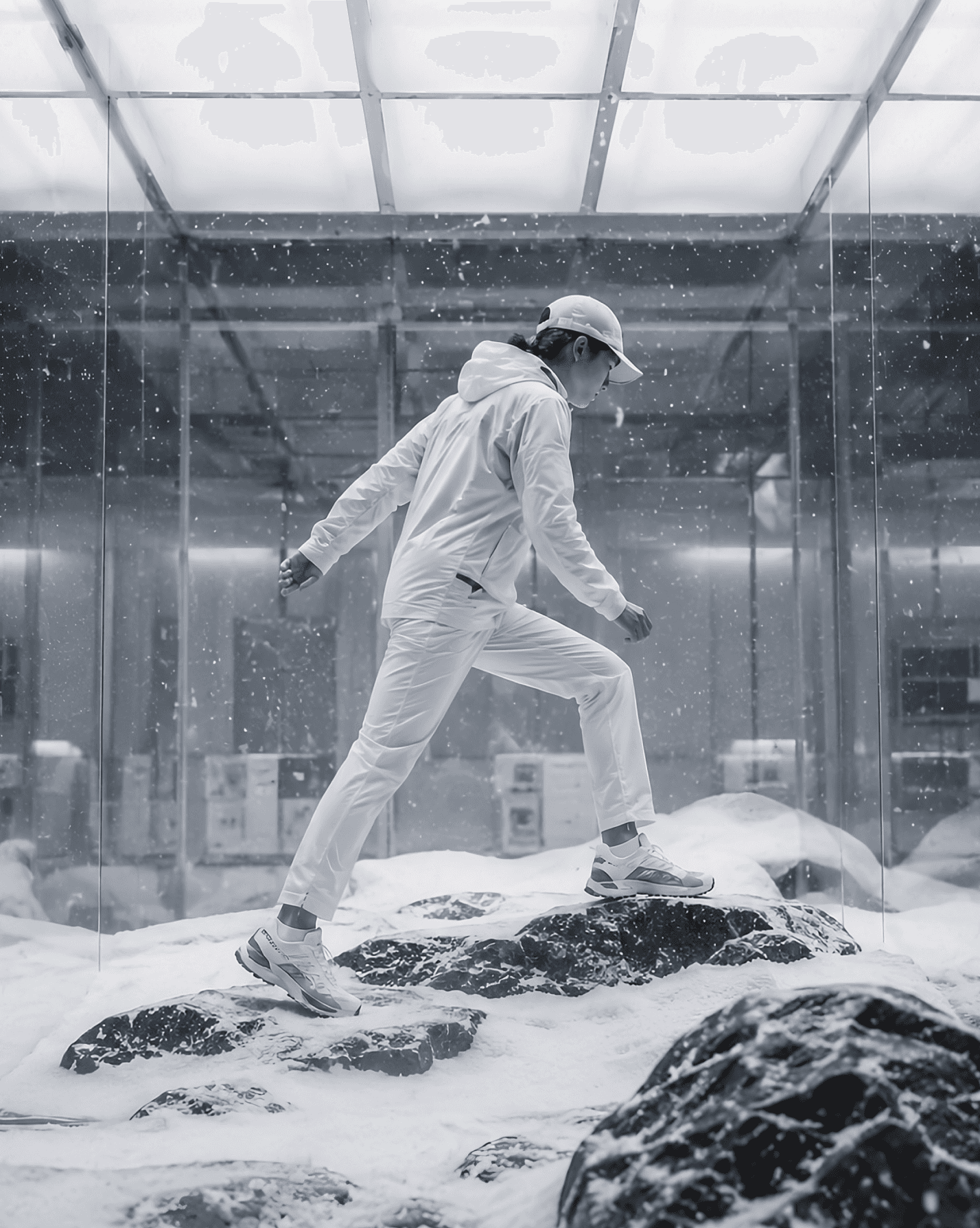 Model in white technical wear walking over snow-covered rocks inside a glass Alpine Terrain chamber