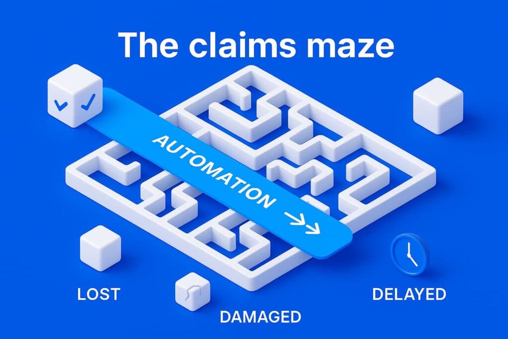 Visualization of the PostNL claim process as a stylized maze with three main exits labeled “Lost,” “Damaged,” and “Delayed,” and a clear “fast track” shortcut labeled “Automation.”