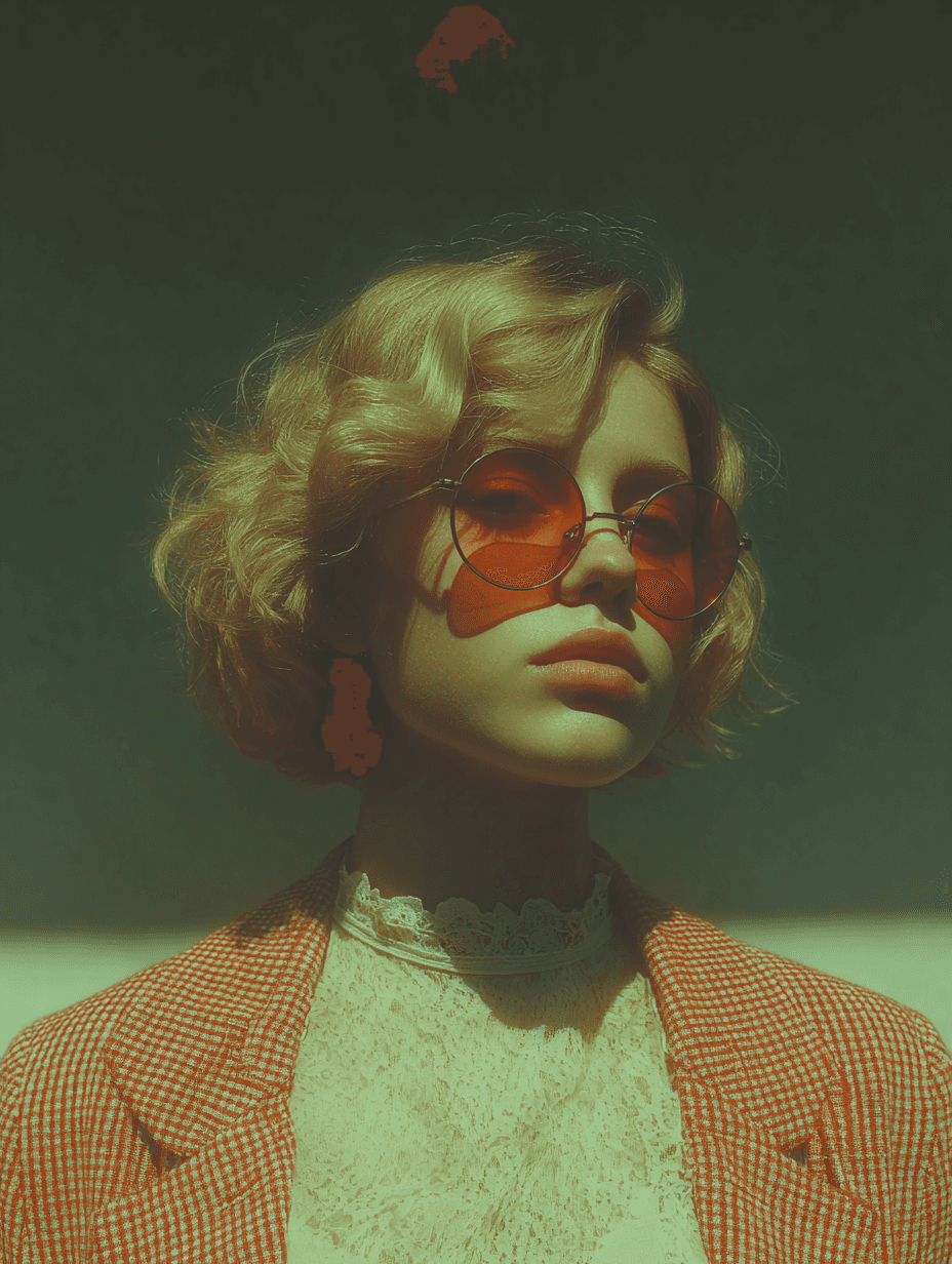 A woman with wavy blonde hair and red-tinted round sunglasses stares confidently into the distance, wearing a vintage lace top and orange checkered blazer under dramatic green lighting.