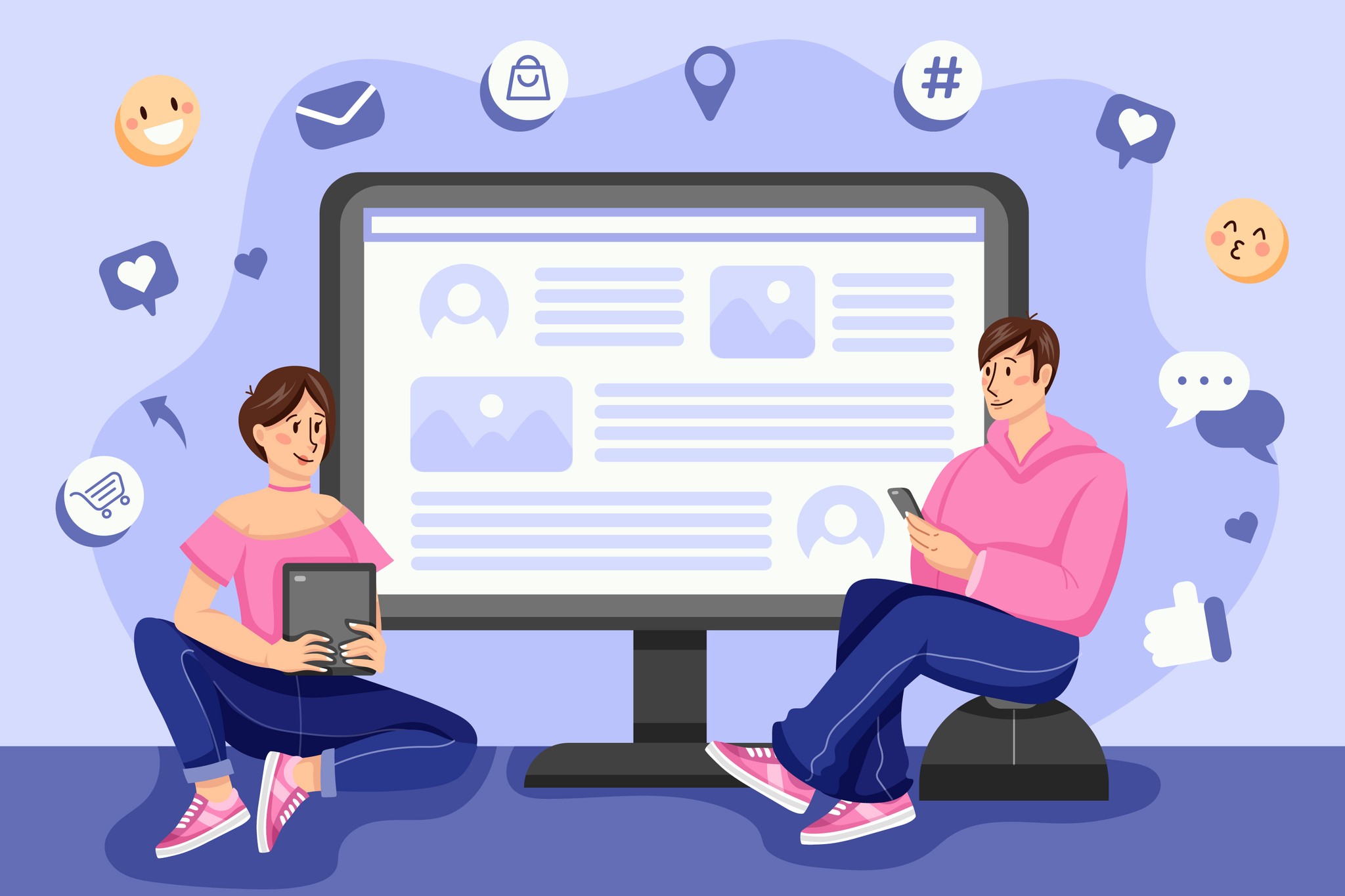  A pair of people relaxing on a couch, focused on a computer screen filled with social media icons.