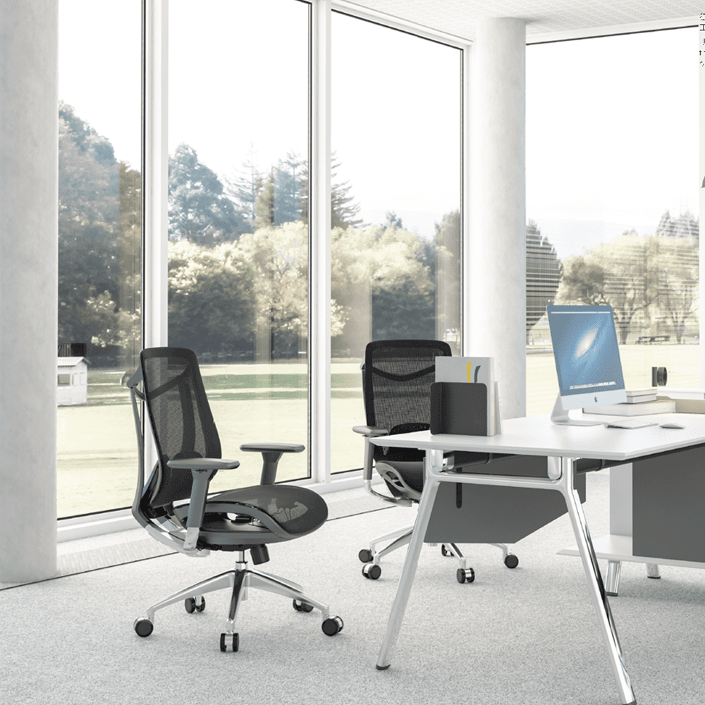 Two black mesh executive chairs with polished aluminum bases in a high-end corporate office overlooking a park through floor-to-ceiling windows.