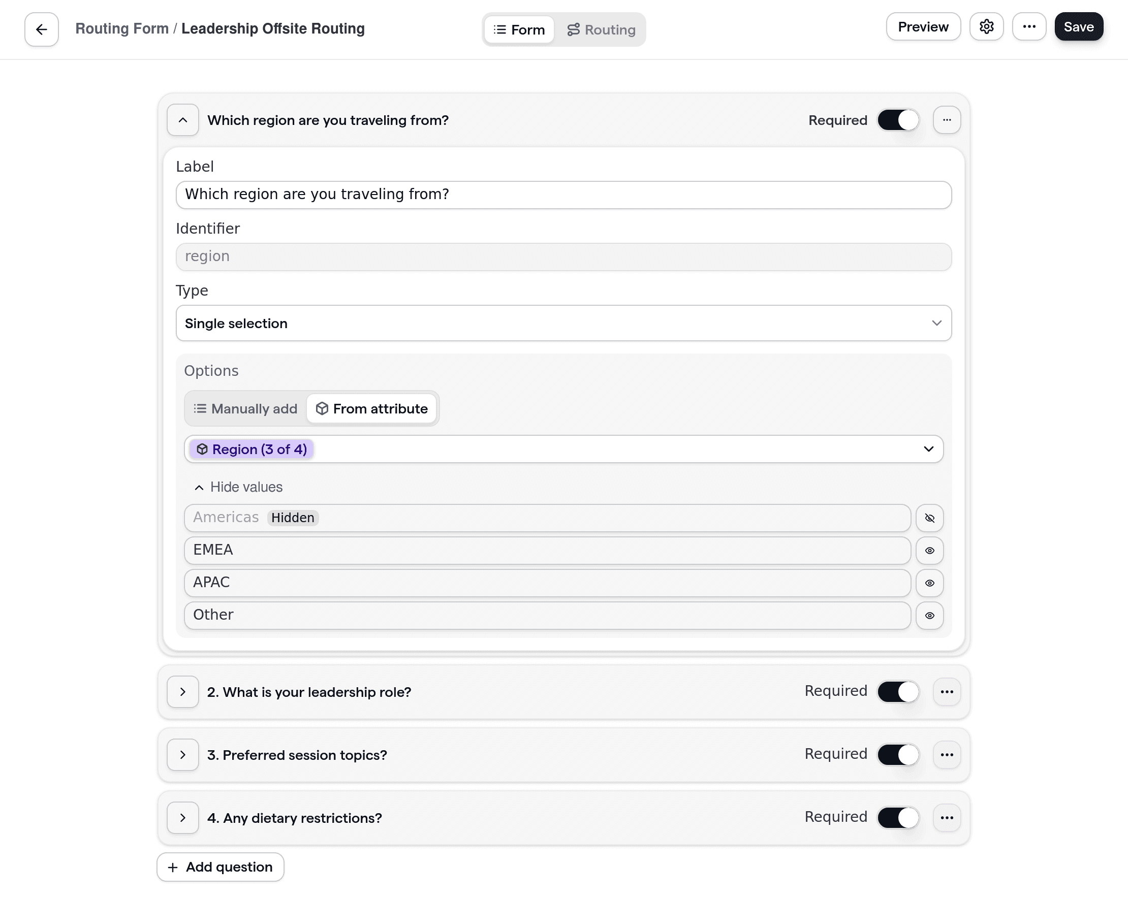 Leadership offsite routing form showcasing creation of a customizable form for executive attendees. The form includes options for leadership role, preferred session topics, and region to personalize offsite planning.