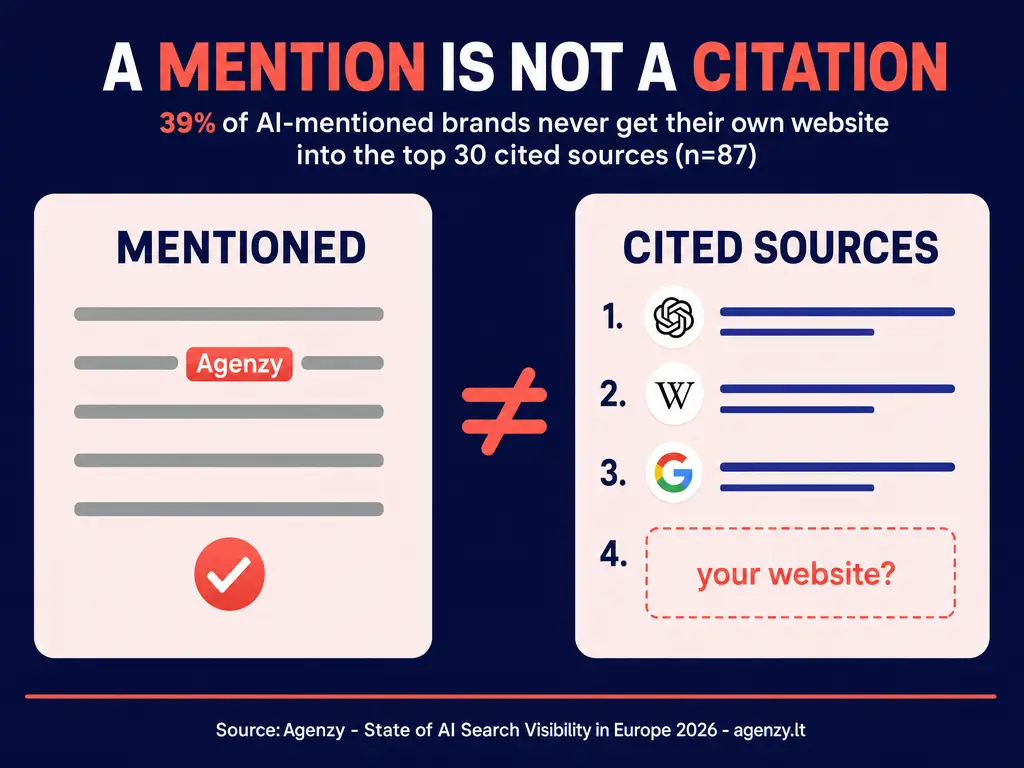 Agenzy's 2026 study found that 39% of brands mentioned by AI engines never had their own website among the top 30 sources those engines cited (n=87 mentioned brands, 2026-04 to 2026-08).