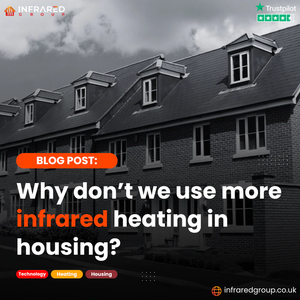 A photo of modern, new build, english town houses with a black and white filter and text that reads "Blog Post: Why don't we use more infrared heating in housing?