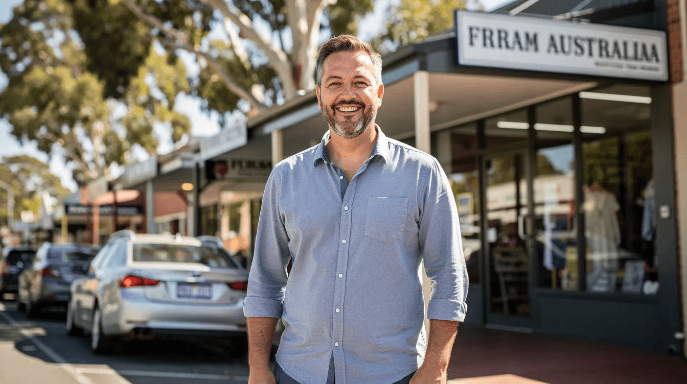 A confident small business owner stands in front of their Australian shopfront, smiling warmly. This image conveys the essence of business success and healthy cash flow management, highlighting the owner's pride in their profitable venture.