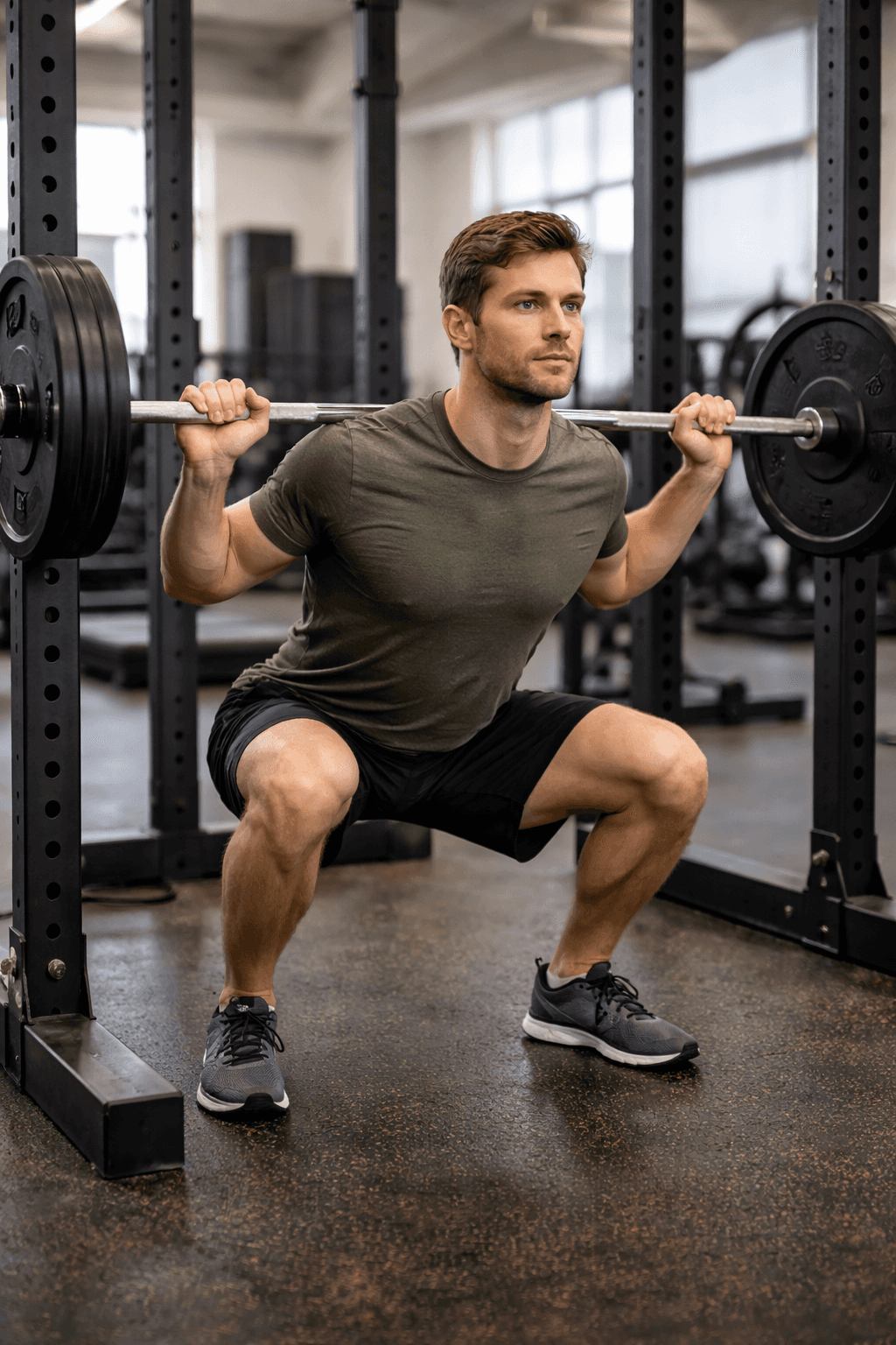 Man performing a barbell back squat in a power rack to build lower body strength and muscle mass.