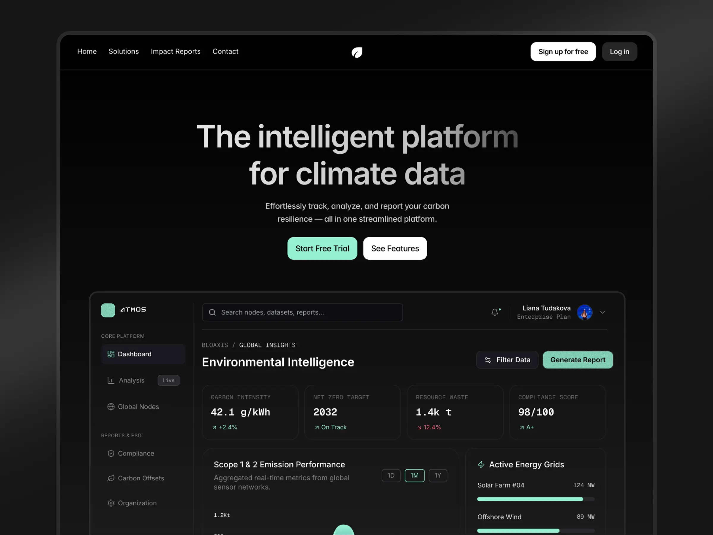 Ecosight climate analytics platform before redesign — original homepage and dashboard by Luna UI Design Studio