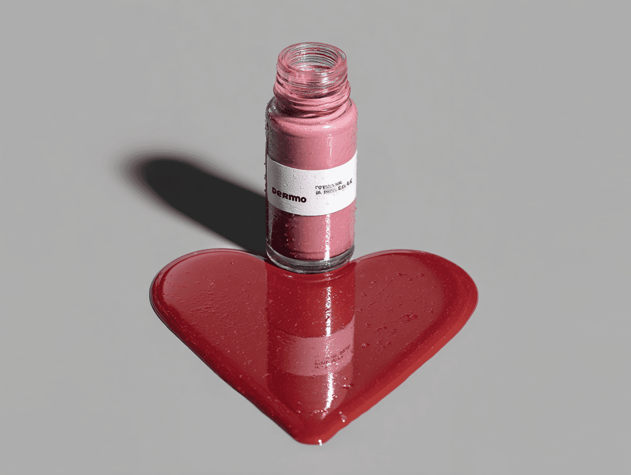 A glass jar with a pink substance sits atop a pool of red liquid shaped like a heart, against a plain gray background. The jar has a white label with "DeRMo" visible on it.