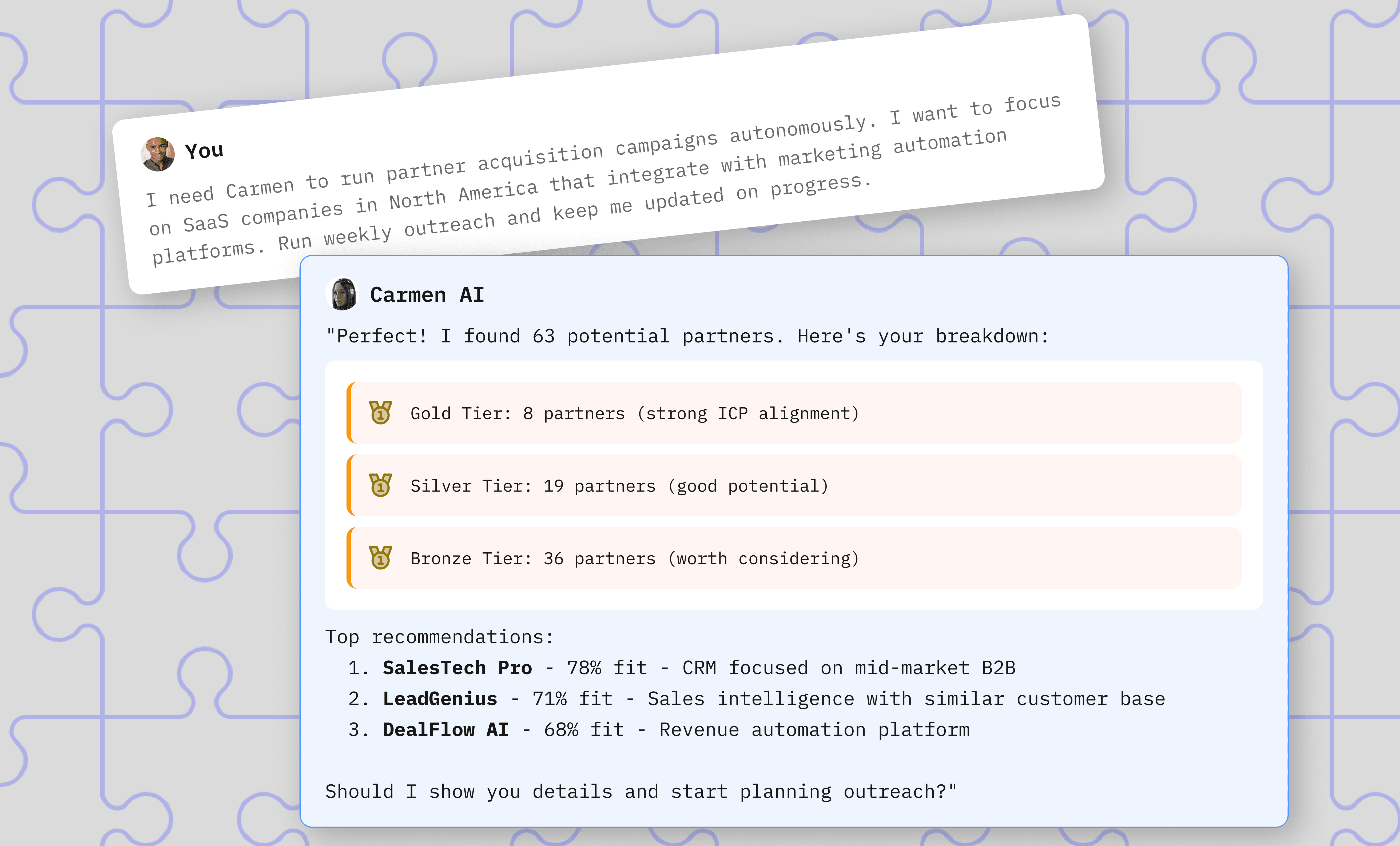 Carmen Chat Interface showing AI Partner Acquisition Process.