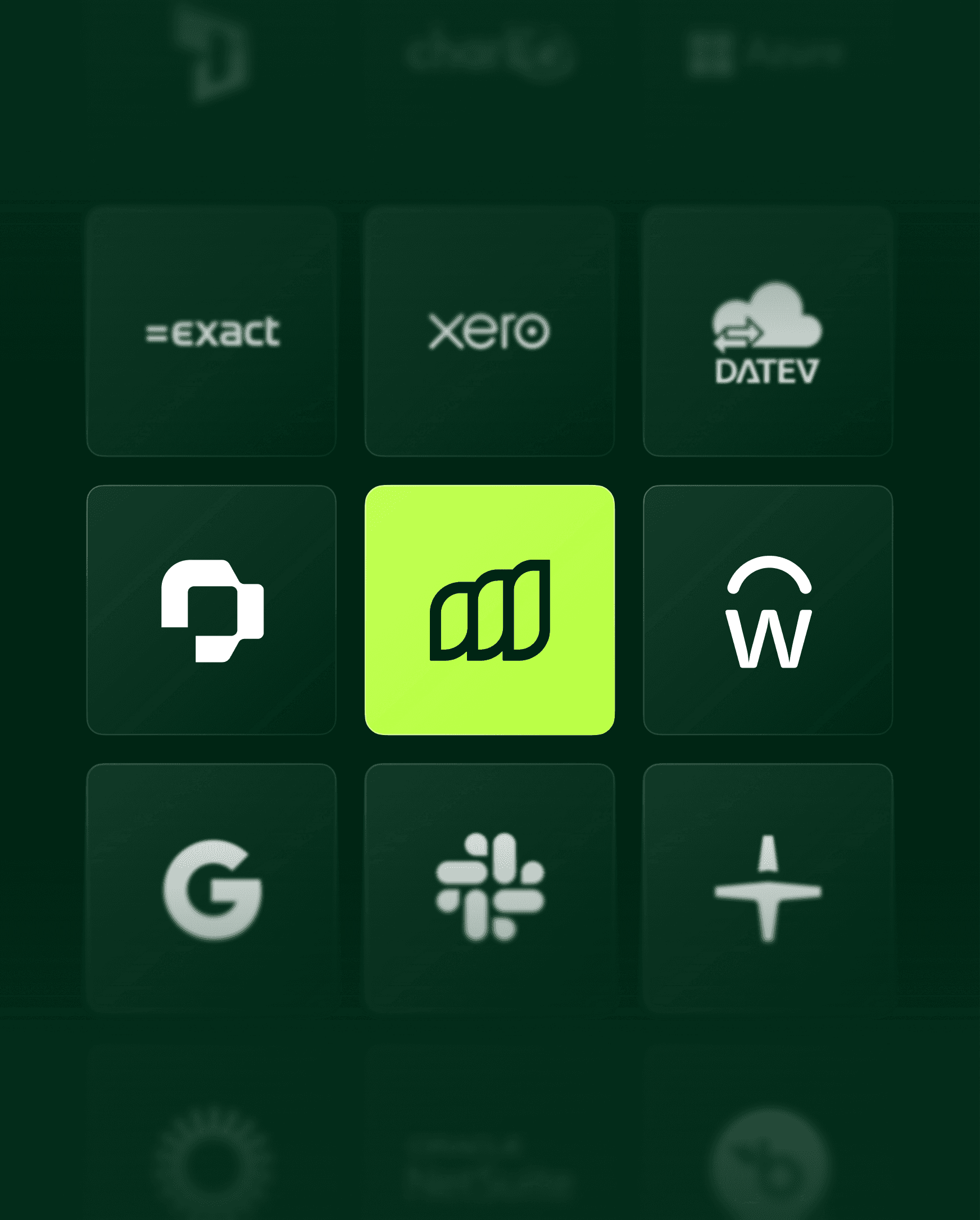 Moss integration tiles for Xero, DATEV, Slack and other tools on a dark green background