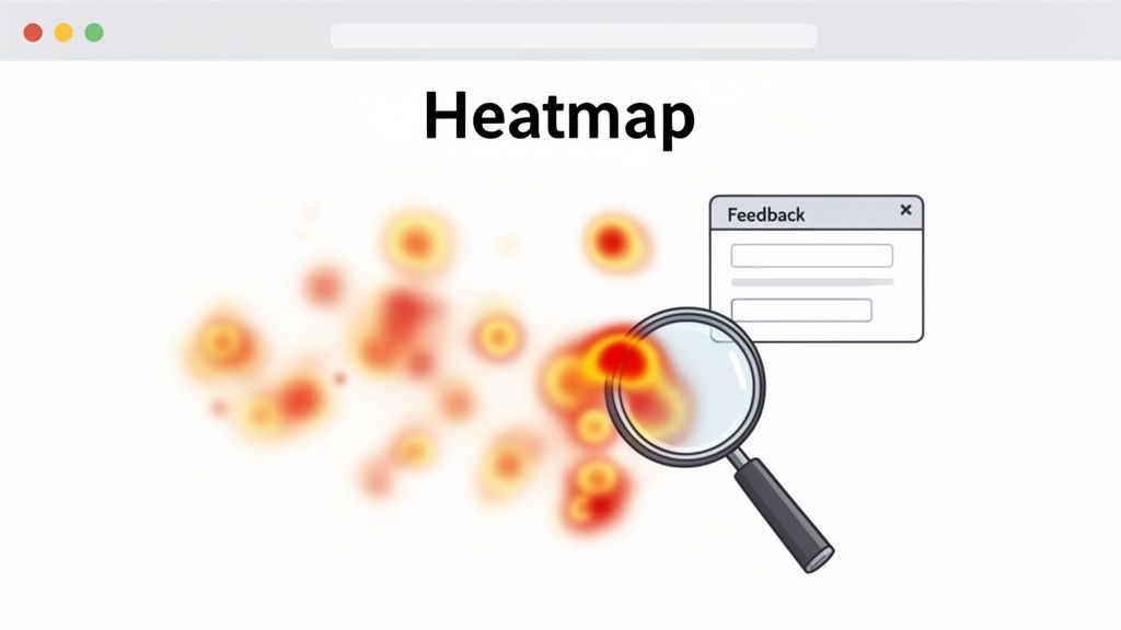 A website heatmap shows user activity with red and yellow intensity, a magnifying glass, and a feedback form.