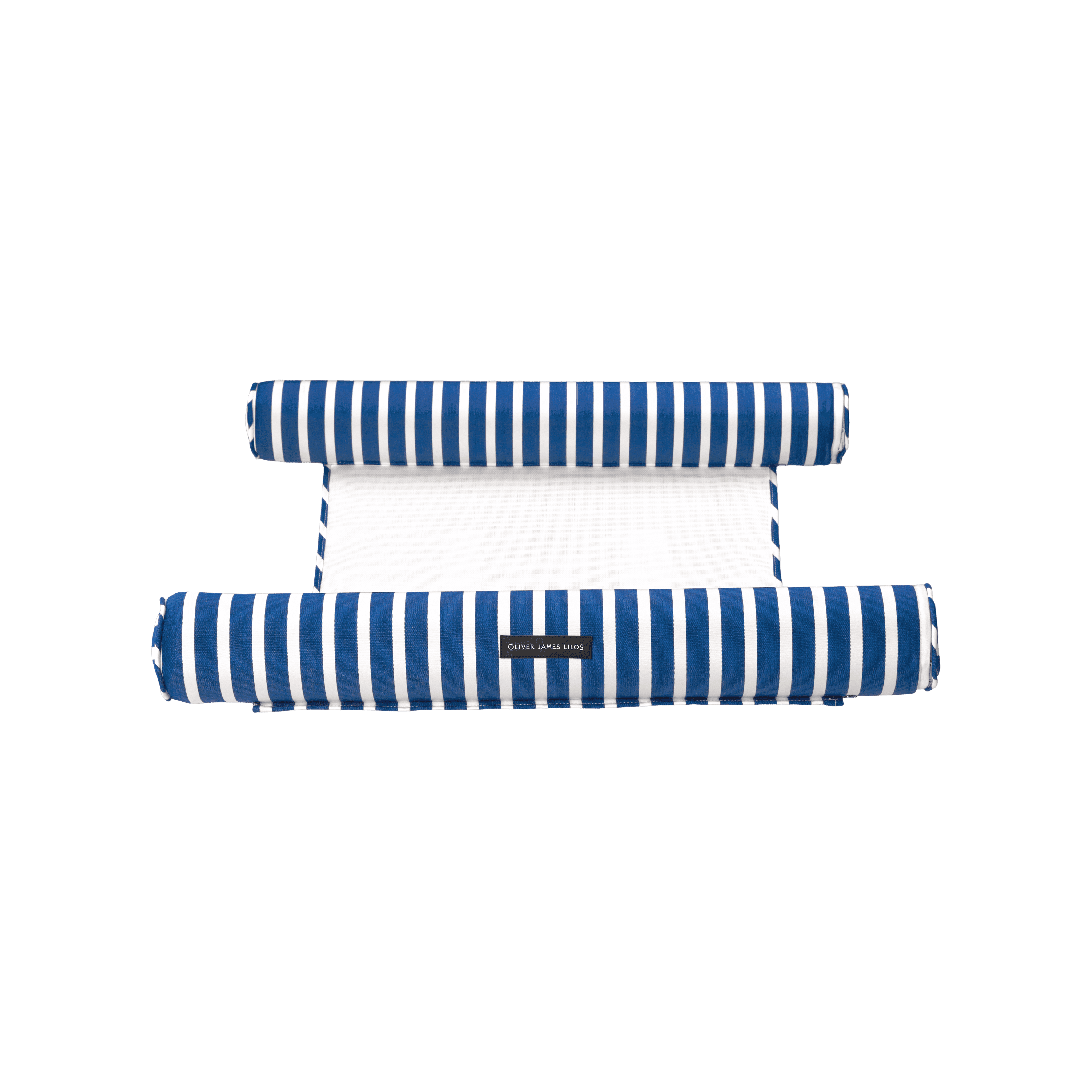 Hammock pool float showing blue-and-white striped canvas, rolled shape, and jet-black base