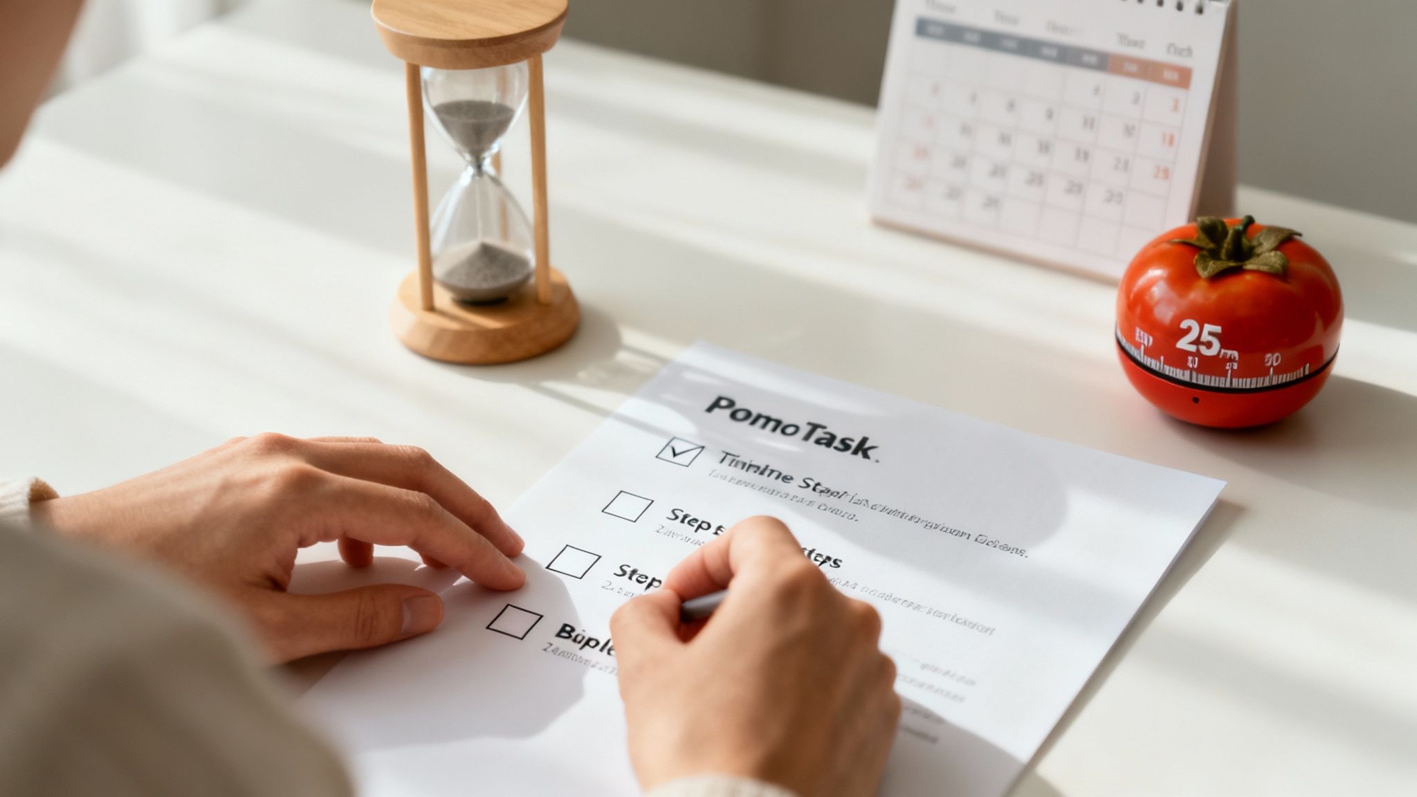 Person checking off Pomodoro Technique task list with tomato timer and hourglass on desk