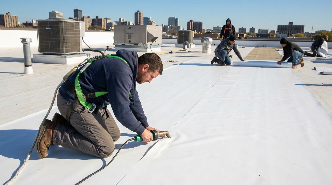 Flat roof installation showing professional roofer applying TPO membrane