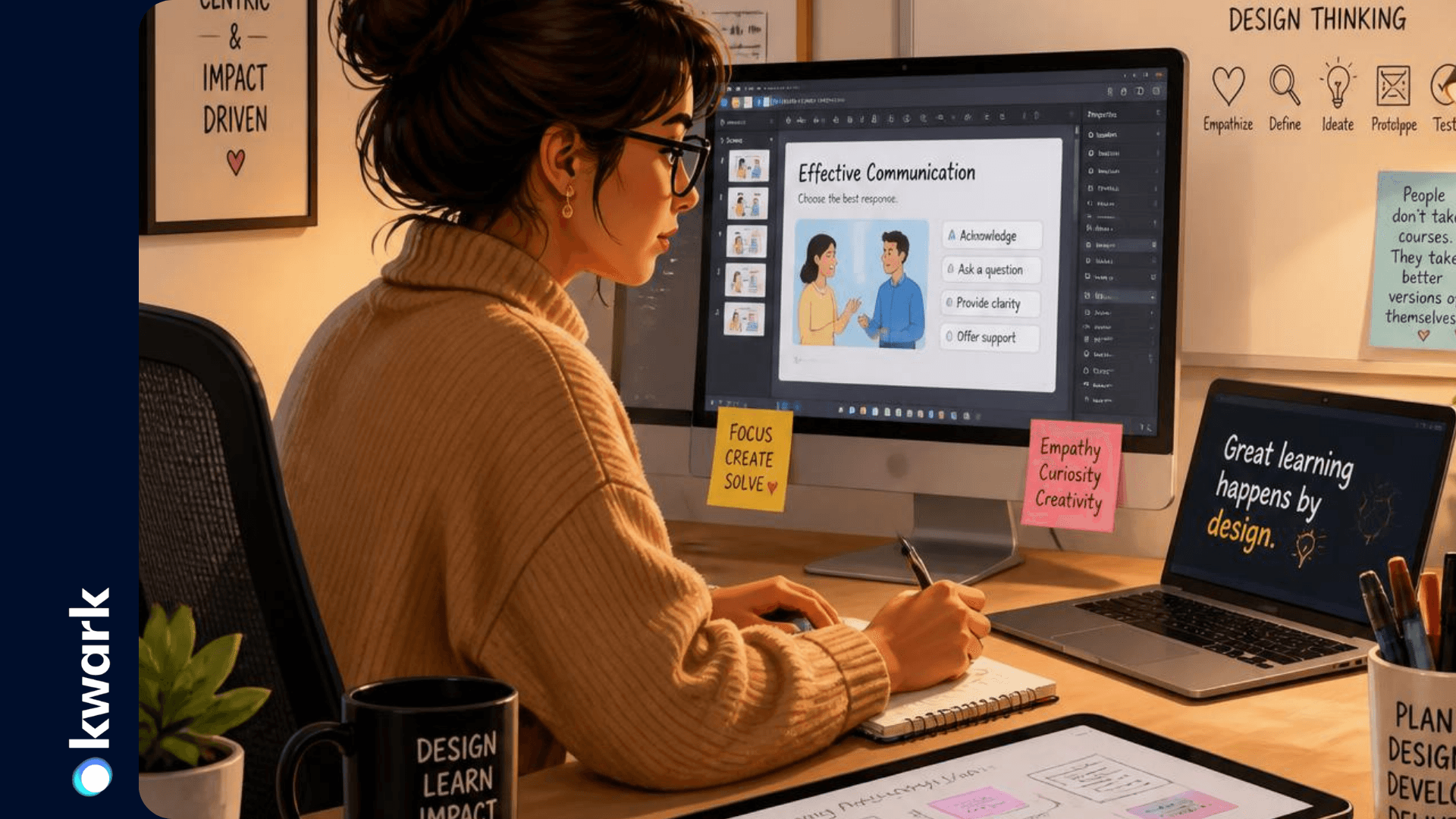 Concepteur e-learning construisant un module interactif à son bureau, notes design thinking autour