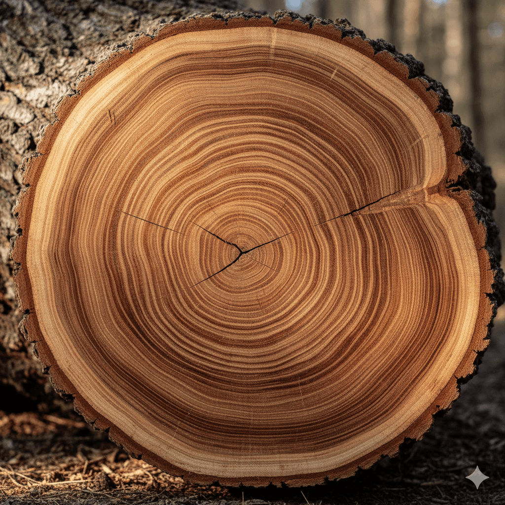 Close-up of a tree stump showing growth rings and a textured brown wood surface.
