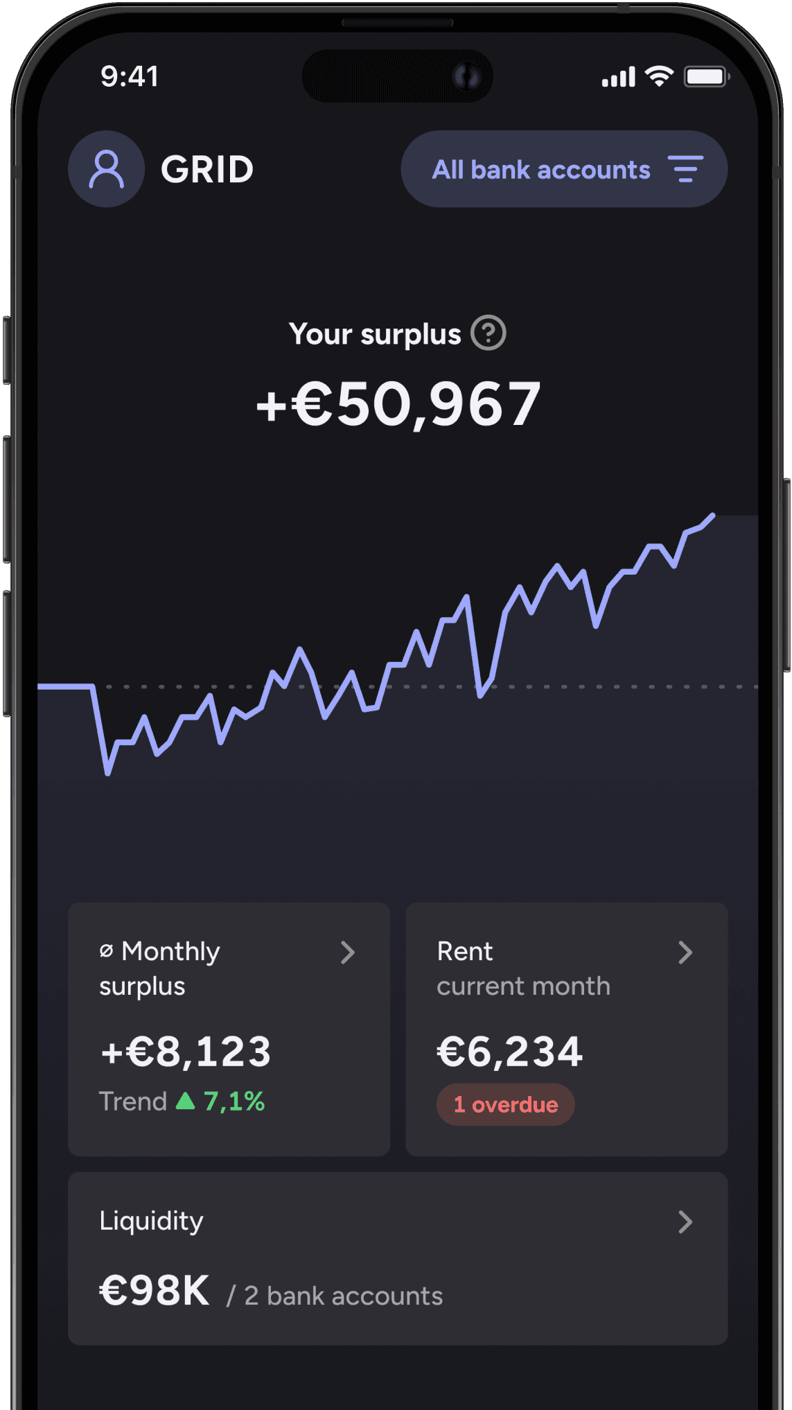 Screen in the app is showing the total earnings growth trend across all properties, along with detailed monthly information on rent payments, income and expenses.